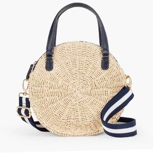 Talbots Circle Straw Crossbody Bag Navy Blue Trim Woven Round Satchel Nautical